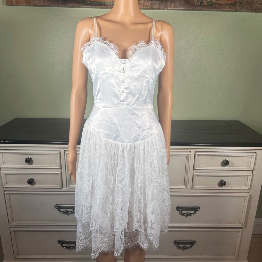 Cider White Satin Lace Corset Bustier Midi Dress Romantic Coquette